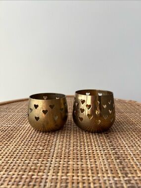 Vintage Brass Tea Light Candle Holders Pair Set of 2 Heart Cutouts
